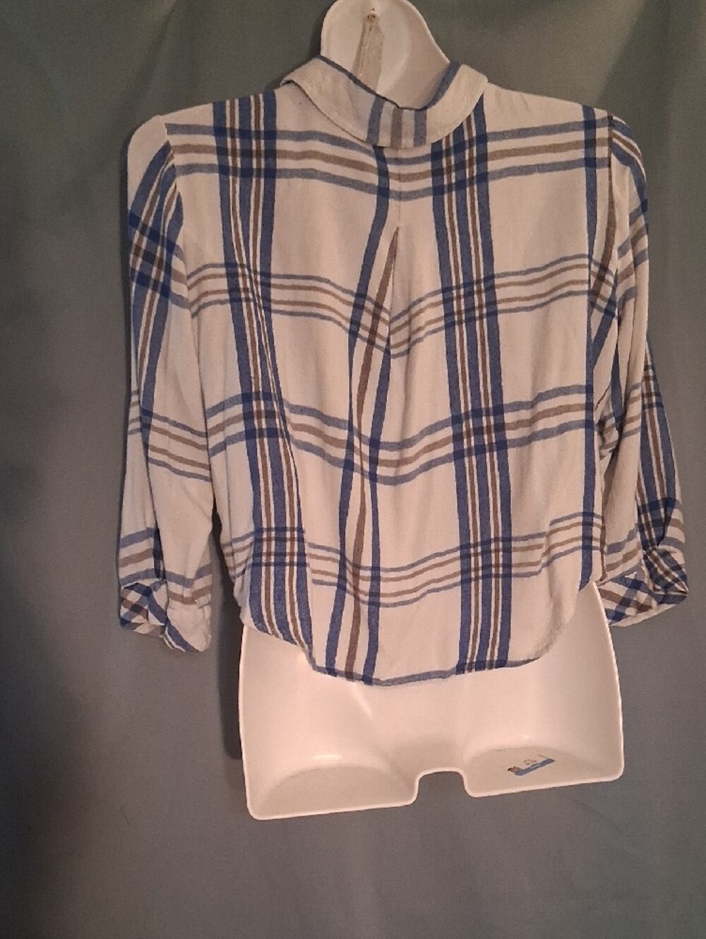 Blue Plaid Ruffle-Front Women’s Top - Picture 2 of 3